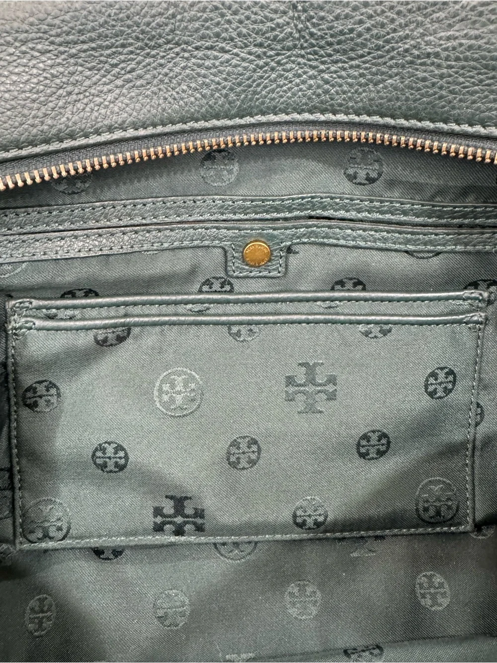 Tory Burch Green Pebbled Leather Satchel with Gold Hardware